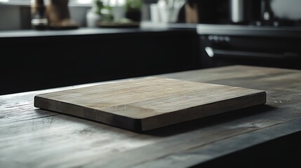 Empty wooden cutting board on a kitchen counter.