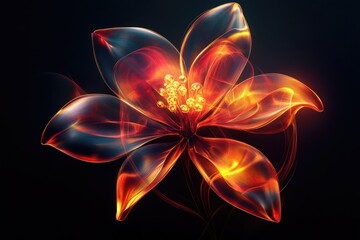 Fototapeta premium A fiery, translucent flower blossoms in the dark, its petals glowing with vibrant orange and red hues.