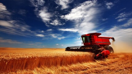 Fototapeta premium Red combine harvester working in a golden wheat field under a blue sky
