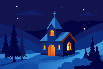 Fototapeta premium snowy village chapel at night glowing windows 