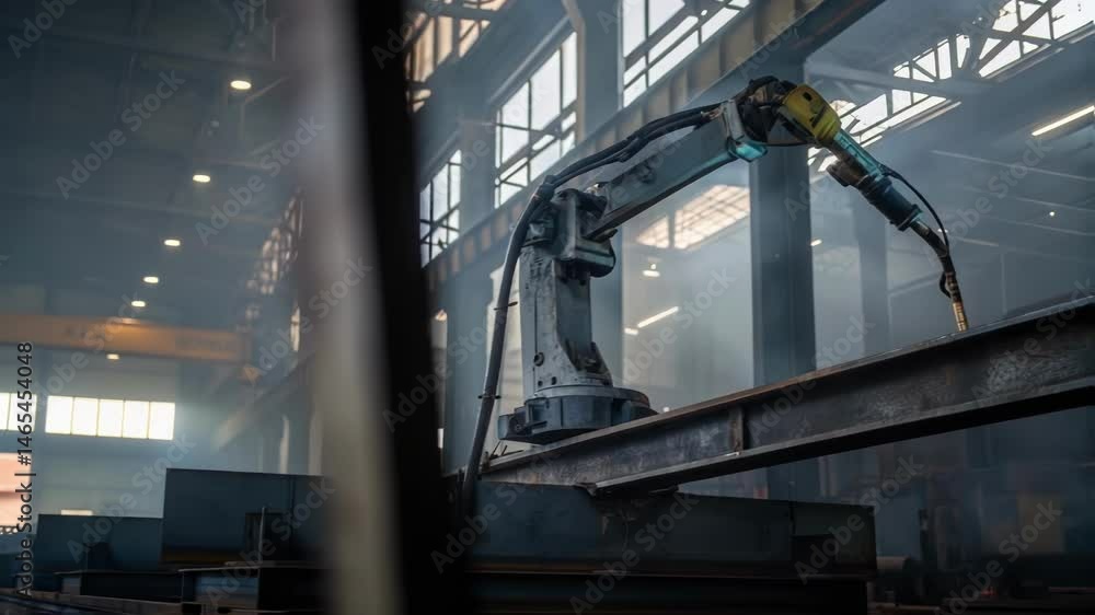 Poster a medium closeup highlighting the welding torch of the robotic welder emitting a bright arc of molte