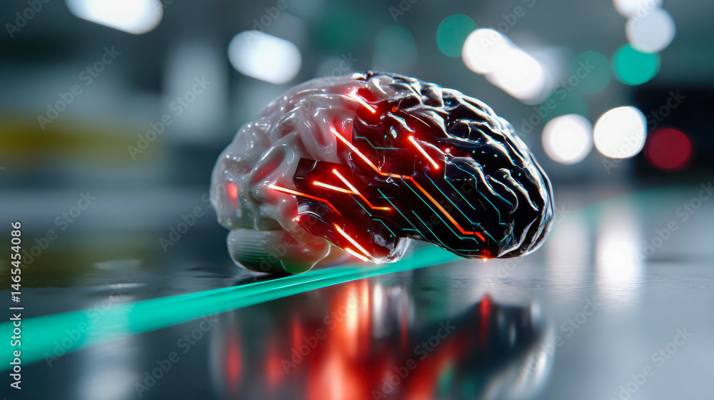 Poster glossy red neural brain model with glowing lines, representing artificial intelligence and futuristi