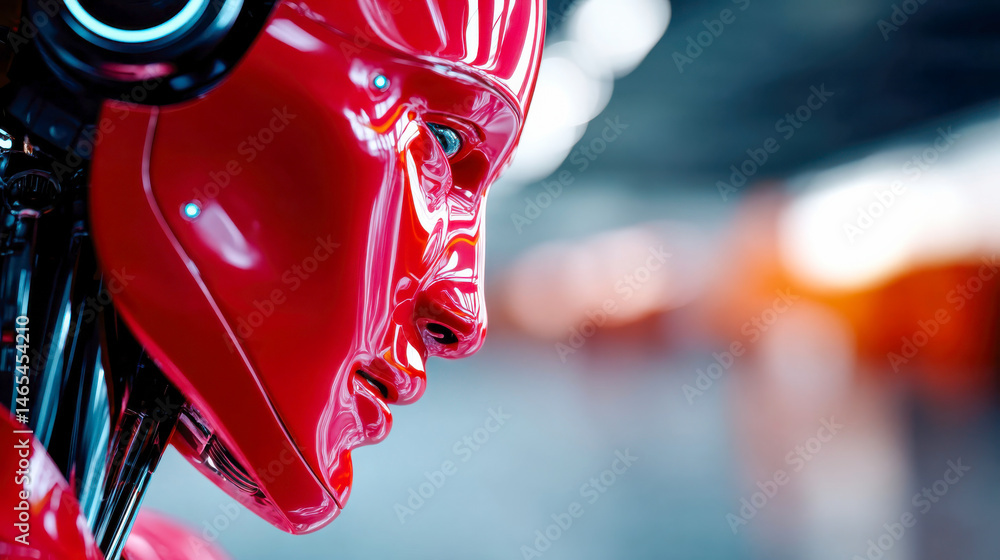 Poster close-up of a glossy red humanoid robot head with reflective surfaces and exposed inner mechanisms i