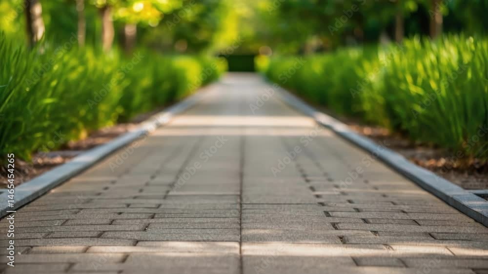 Poster A medium closeup image focused on the borders of a permeable pathway where the pavement joins with lush vegetation illustrating harmony between hard and soft landscapes.