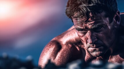 Close-up of a muscular man's face and upper body with sweat, serious expression, low angle shot, pink and blue blurred background