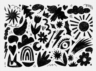 Funky abstract kid design objects hand drawn with charcoal. Doodle modern organic drawings. Silhouettes of bird, sun, flower, fir tree, cloud. Black vector decorative objects isolated on white.