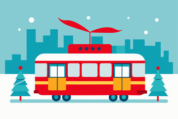 streetcar decorated with garlands and red ribbons  