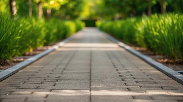 A medium closeup image focused on the borders of a permeable pathway where the pavement joins with lush vegetation illustrating harmony between hard and soft landscapes.