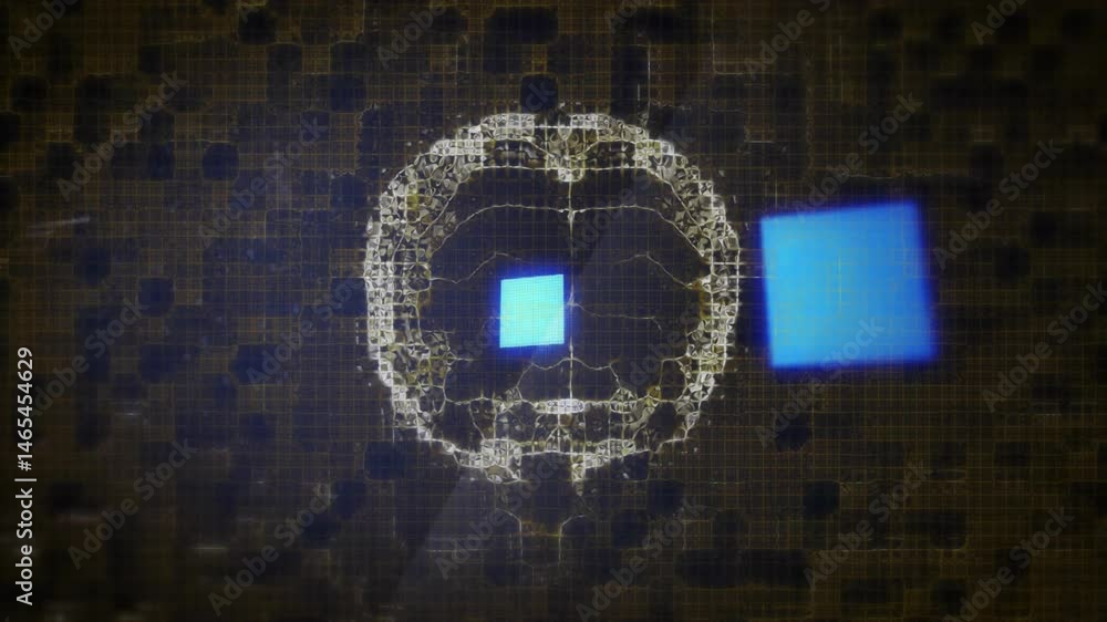 Poster circular network animating over dark grid, featuring nodes and lines with glowing blue squares