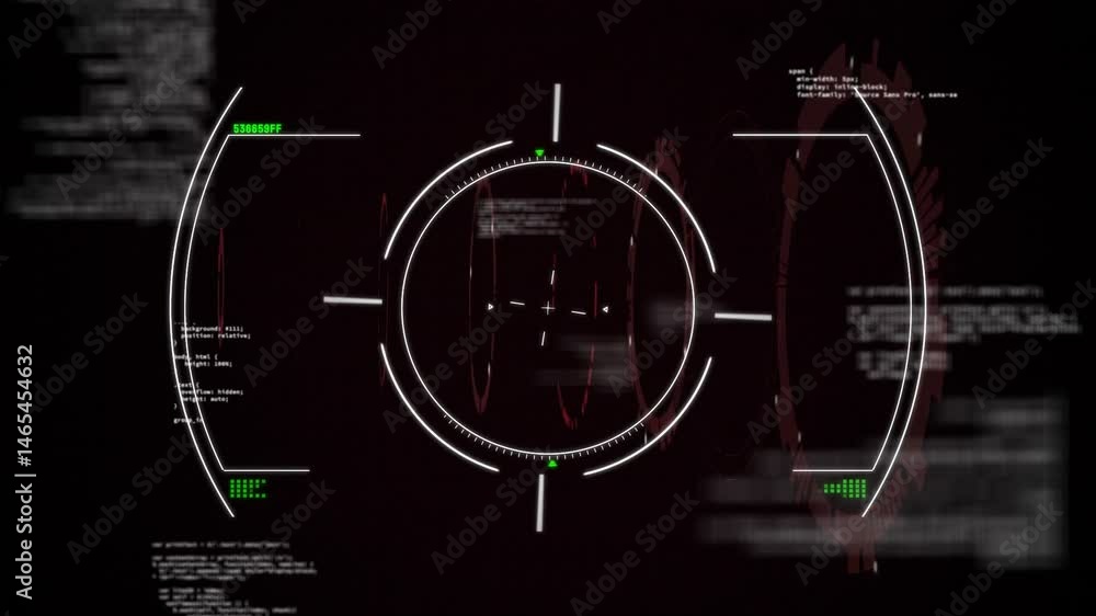 Aufkleber central hud interface rotating while blurred code snippets shifting and red overlays pulsating
