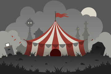 torn circus tent in a misty field with creepy clow