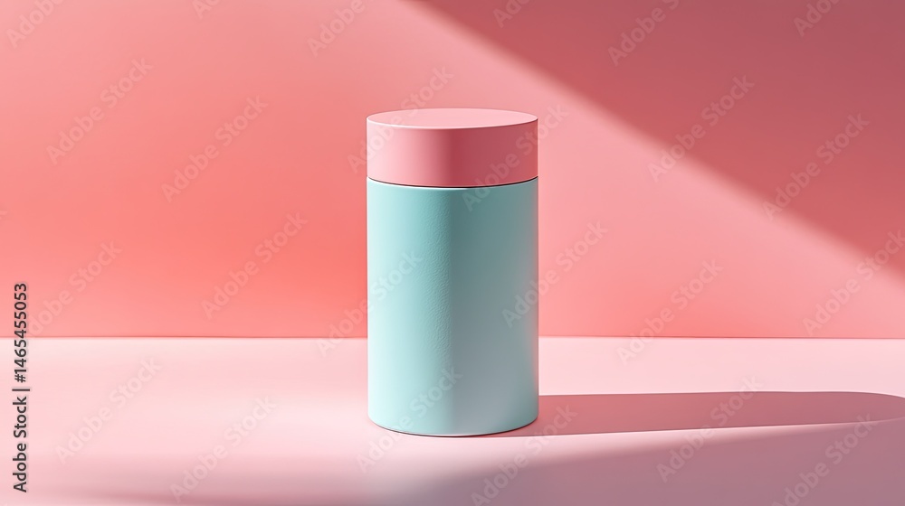 Poster cylindrical lotion container on pastel backdrop with soft shadows.