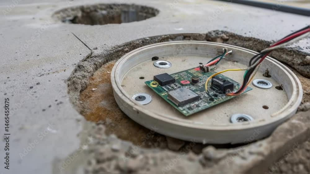 Aufkleber A medium closeup of a circular embedded sensor on the surface of smart concrete highlighting the intricate wiring connecting it to the concrete mix with the surrounding area
