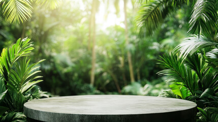 Outdoor tabletop or podium set within a lush tropical garden, ideal for product display with a blurred green nature background