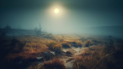 Misty, moonlit, barren landscape