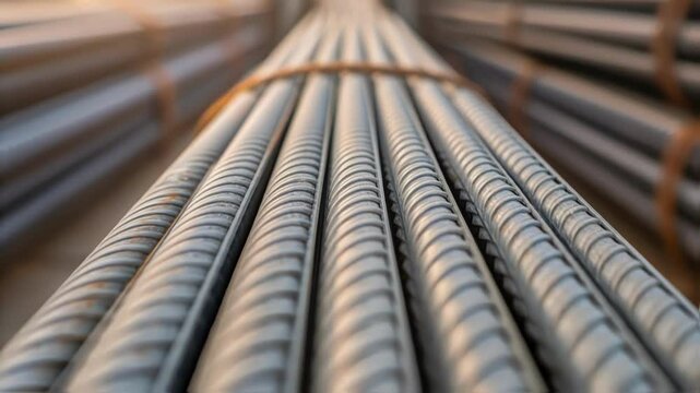 A medium closeup of a bundle of rebar sped together showcasing the pristine condition of the nanoengineered materials ready for installation on a modern construction project.