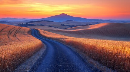 Naklejka premium Scenic Palouse Wheat Fields Road Leading To Distant Mountain At Sunset High Resolution Photo