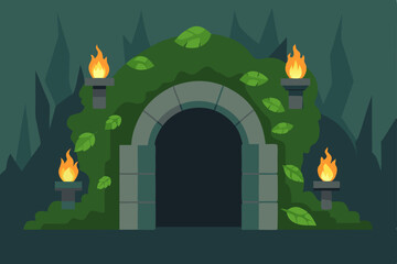 underground lair entrance with stone arches  vines 