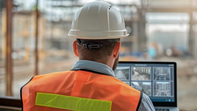 A medium closeup of a construction supervisor reviewing defect detection results on a digital dashboard with overlays of scanned imagery from construction materials.