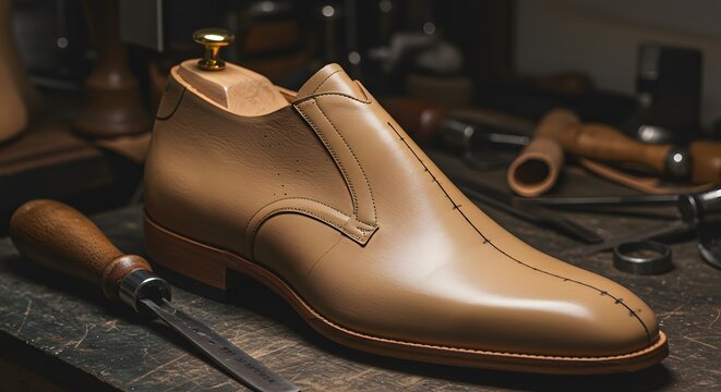 Close up of a leather shoe on a wooden last with tools on a workbench in a shoemaking workshop