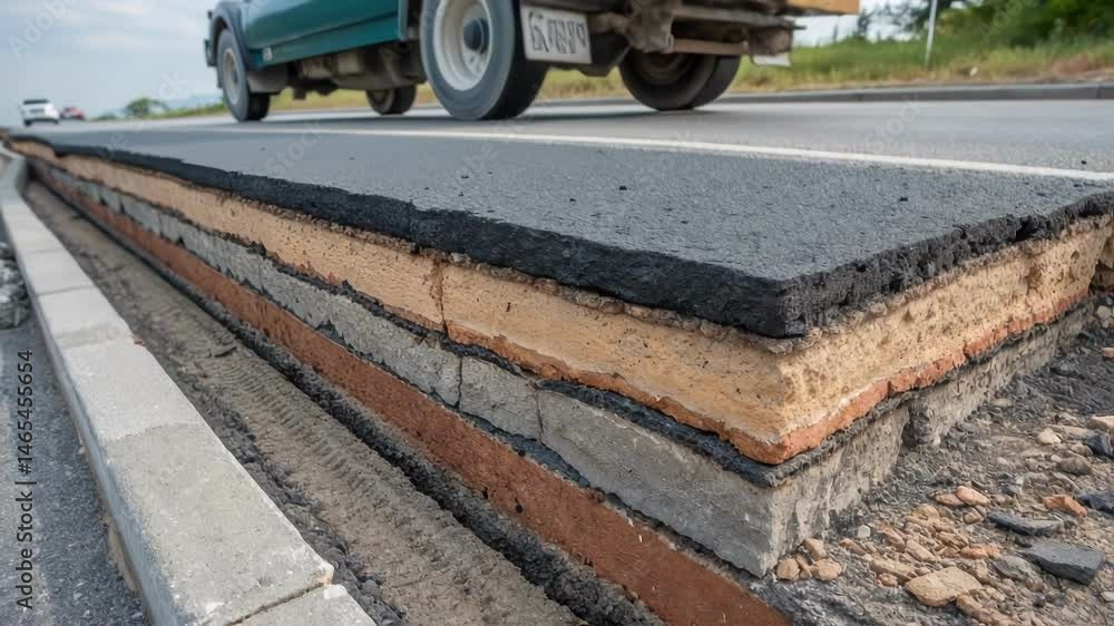 Aufkleber A medium closeup of a crosssection of pavement revealing layers that include a selfhealing asphalt layer emphasizing its integration into modern engineering designs.