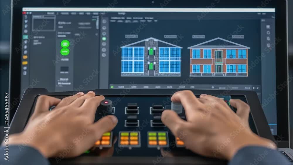 Poster A medium closeup of a designers hands adjusting parameters on a sleek AI software interface showcasing realtime simulations of energyefficient building orientations in the