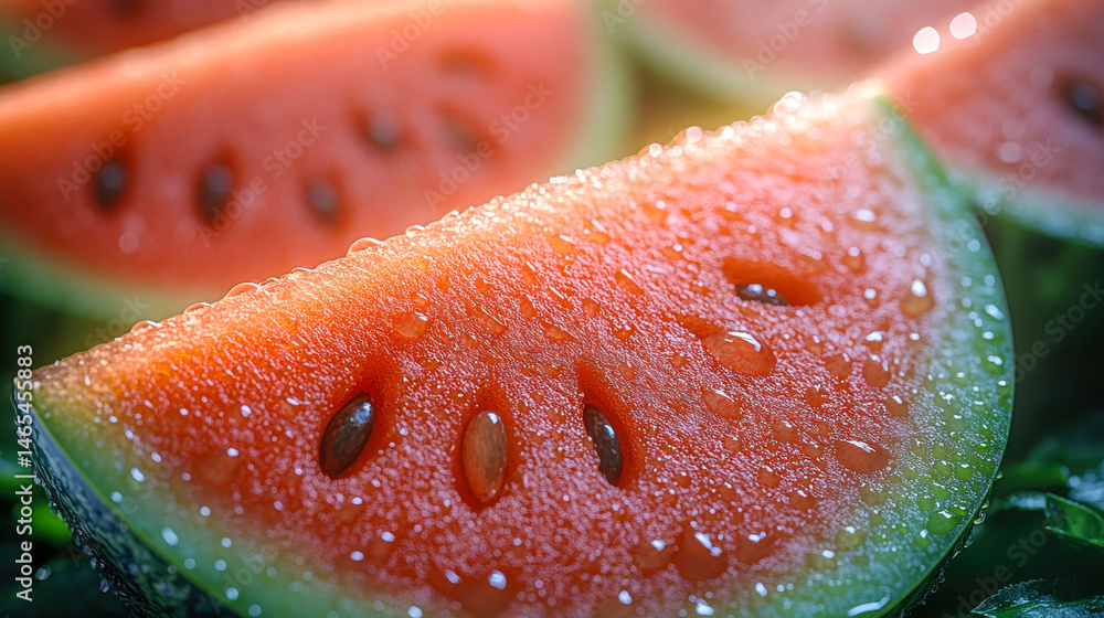 Poster fresh, juicy watermelon slices floating in water with ice and bubbles, creating a refreshing and pho