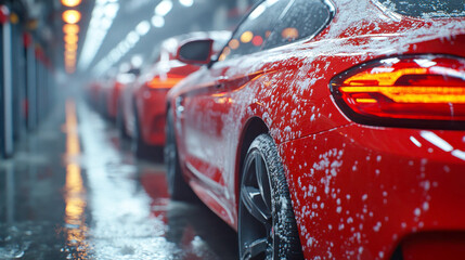 Red sports car with illuminated headlights driving through heavy rain and water splashes