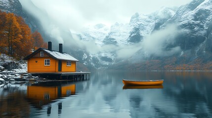 Serene Lake Scene With Cabin Boat And Snow Capped Mountains High Resolution Photo