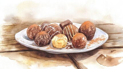 National Truffle Day Assorted chocolate truffles on plate with cocoa and caramel drizzle