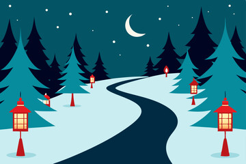 winding forest path lined with snow dusted evergre