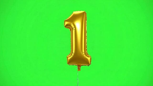 Golden Number One Balloon Floating Against Green Screen Background