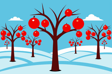 winter orchard of bare apple trees with red orname
