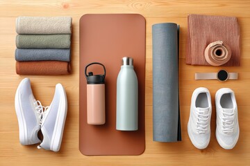 Organized soft tone flatlay with workout gear and yoga essentials