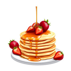 Illustration of stack of fluffy pancakes with maple syrup and strawberries.