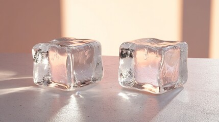 Glistening ice cubes that are crystal clear rest on a reflective surface bathed in soft natural light