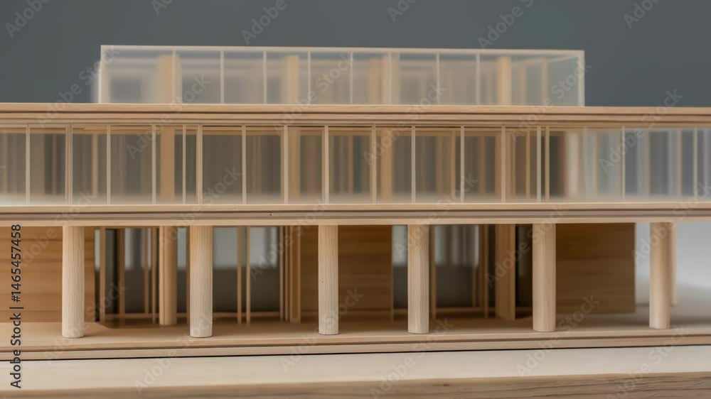 Poster a medium closeup of a modern architectural model featuring transparent wood elements seamlessly inte