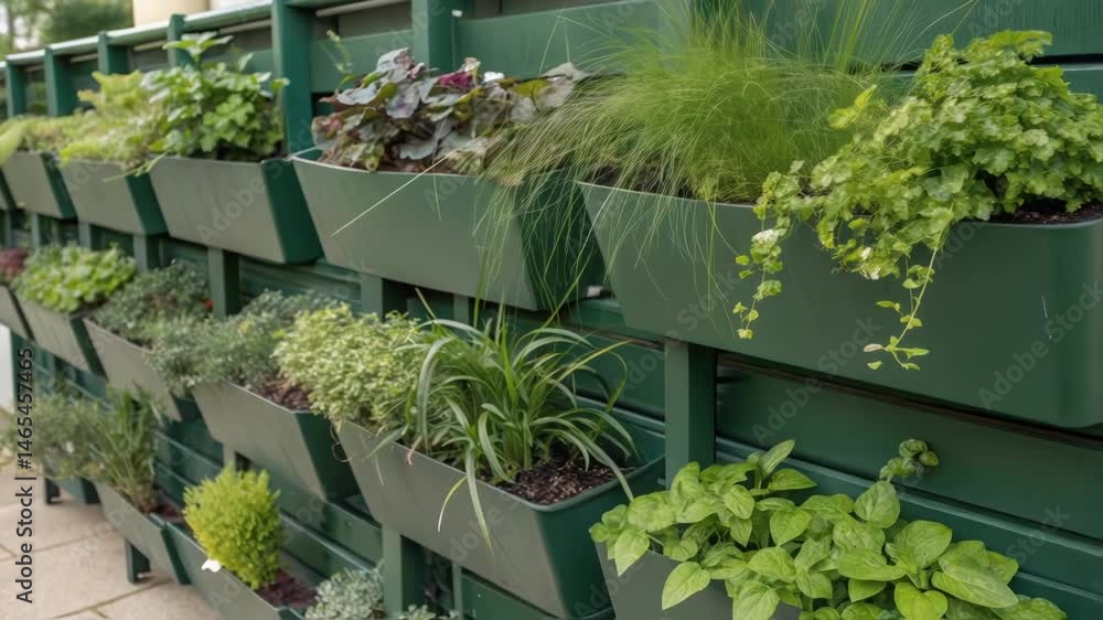 Poster a medium closeup of a modular green wall system emphasizing the interlocking planters filled with lu
