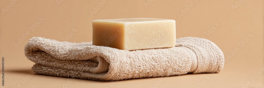 Aufkleber Elegant Soap Bar Resting on a Soft Towel Against a Clear Beige Background for a Soothing Spa Experience Generative AI