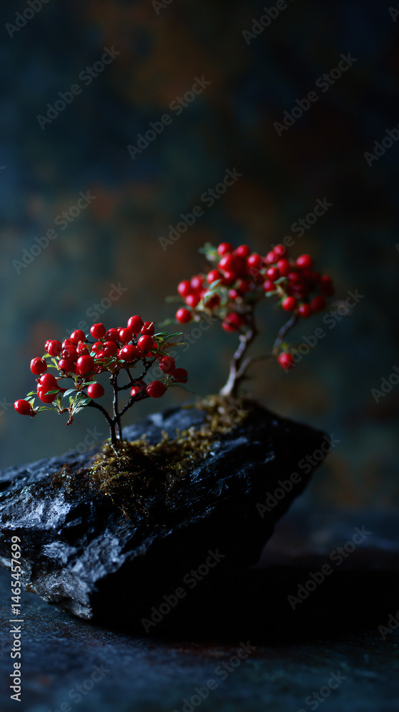 Poster two bonsai trees with red fruit sitting on floating rock for artistic display