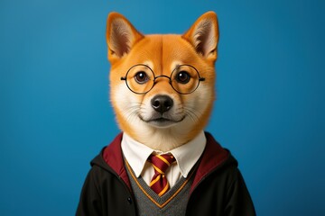 Shiba Inu in academic uniform with round - framed glasses against a blue background, ideal for educational, academic, and pet - themed visual projects.