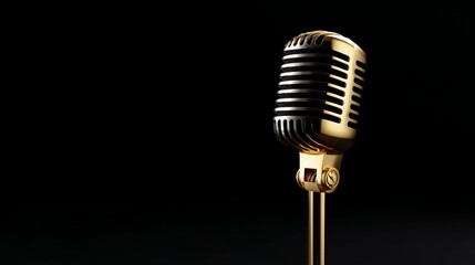Fototapeta premium A vintage style microphone shines brightly against a black background. Its golden features and classic design evoke nostalgia and charm. Ideal for musicians and performers. AI