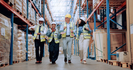 Man, group and dancing for logistics, storage or smile for success with motivation, team or support...