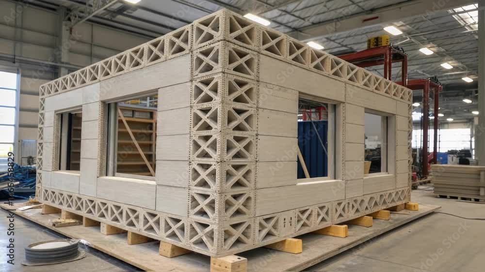 Aufkleber A medium closeup of a piece of architecture created with 4D printing technology where panel sections are captured in various stages of transformation emphasizing adaptive building