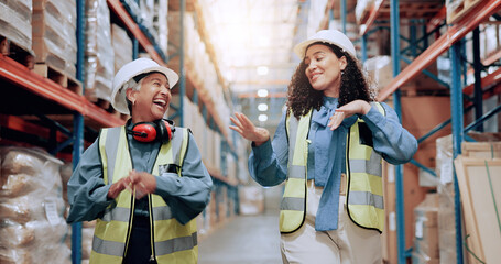 Women, team and dancing for logistics, storage or smile for success with motivation, stock or support at plant. People, mentor and happy with cheers, celebration or goal for supply chain at warehouse