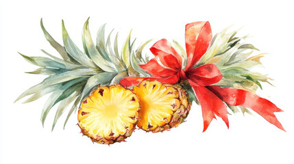 Watercolor-style illustration of a pineapple with two slices, isolated for creative or culinary design uses