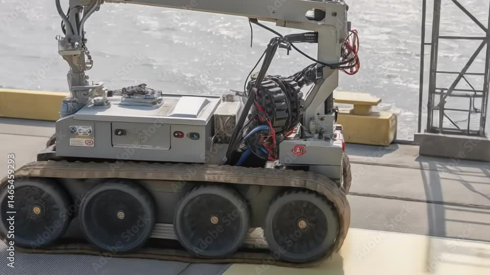 Aufkleber A medium closeup of a robotic construction unit anchored to a stable platform demonstrating its robust build and anchoring mechanisms for secure operation in challenging