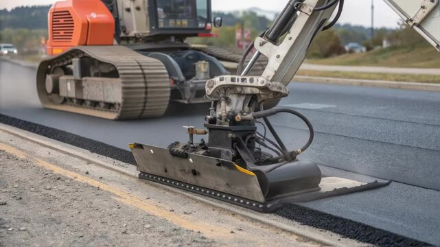 A medium closeup of a robotic arm equipped with specialized paving tools showcasing its precision alignment with the road surface as it applies asphalt.