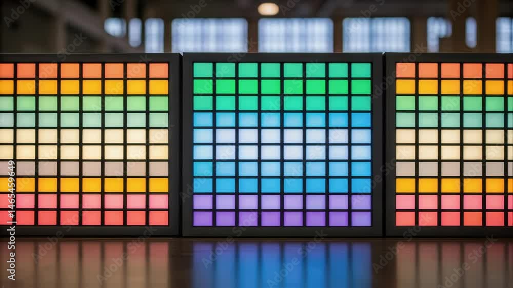Aufkleber A medium closeup of a series of panels with a pixelated design where each square radiates unique colors creating a dynamic mosaic effect under varying light.