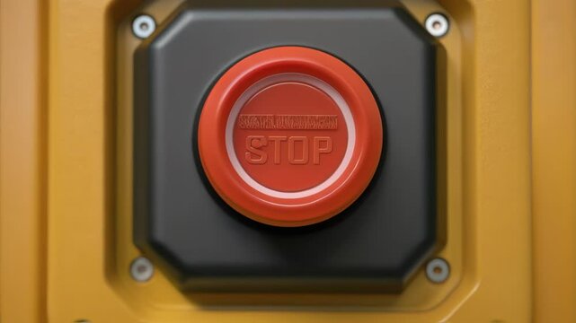 A medium closeup of a safety mechanism featuring a prominent emergency stop button surrounded by a rugged enclosure to prevent accidental activation.